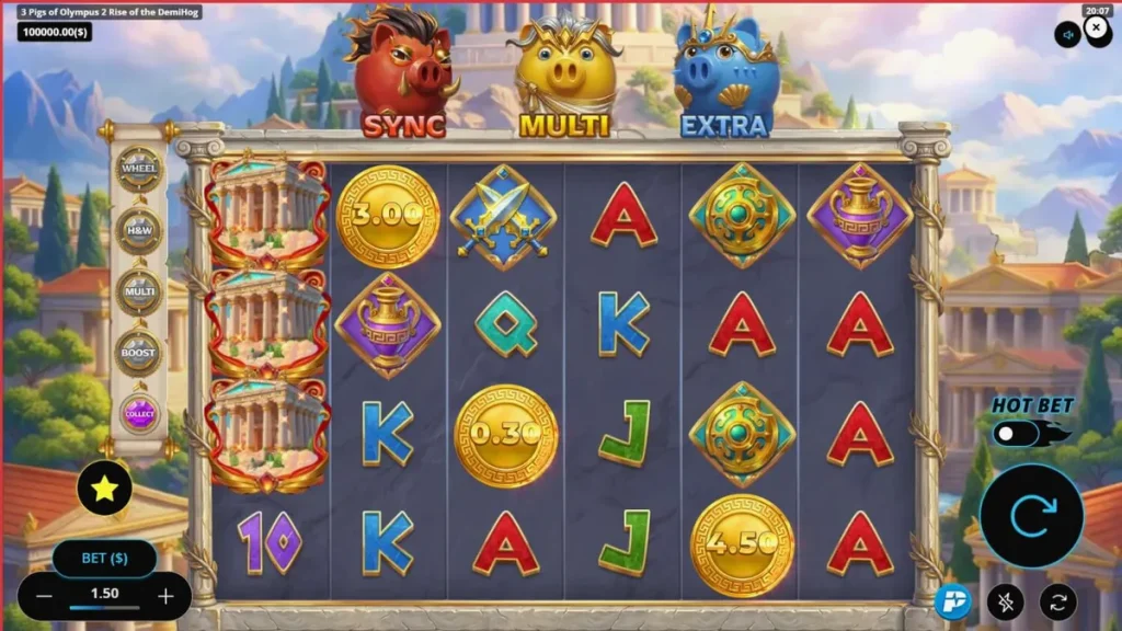 Tiga babi pahlawan dalam tema mitologi Yunani di slot 3 Pigs of Olympus 2