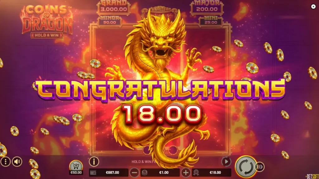 Coins of Dragon – Hold & Win slot machine interface featuring a golden dragon theme