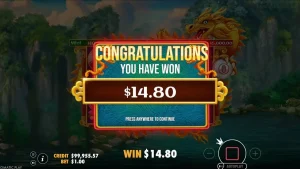 Pemandangan visual naga dan air terjun dalam slot Dragon’s Gate Bonus Choice